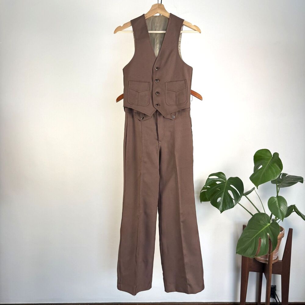 Vintage 70s Chocolate Brown Leisure Suit Set Bell Bottoms Vest | Women XXS XS